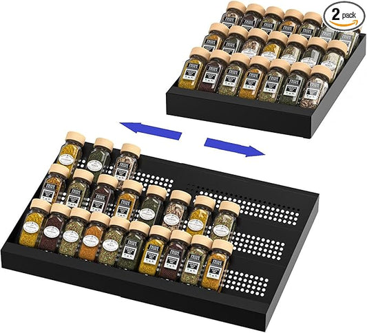 Expandable Metal Spice Drawer Organizer,3-Tier Slanted Seasoning Jars Tray for Kitchen Cabinet Drawers Insert/Countertop (Jars not included)-3Tier,2packs/Black
