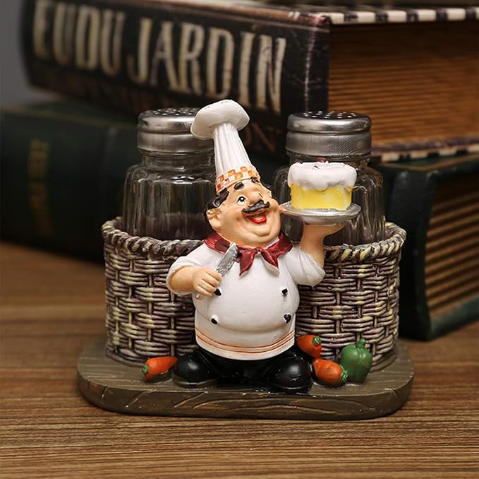 Salt and Pepper Shakers Set,Sitting Chef Decorative Statue Spice Organizer,Glass Spice Jars with Holder Figurine Gift for Family,Kitchen,Restaurant, Cafe,Bakery (Cake)