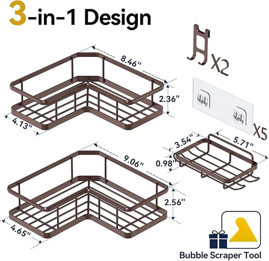 YASONIC Corner Shower Caddy Organizer, 3-Pack Self-Adhesive Rustproof Bath Shelves with Soap Holder & 4 Hooks, Large Capacity Shower Storage Rack for Bathroom Organization - Bronze