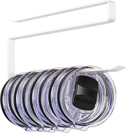 Tumbler Lid Organizer Under Cabinet, Tumbler Lid Storage Hook Up to 10 Lids, Cup Lid Organizer Space Saving Tumbler Lid Hanger for Kitchen Storage, Horizontal Paper Towel Hanger (White)