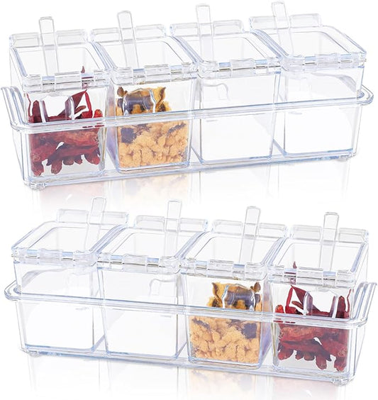 Clear Seasoning Box, 8 Piece Seasoning Rack Spice Pots, Plastic Storage Container Condiment Jars with Lids and Spoon, Kitchen Organization Containers for Spice, Salt, Sugar, Cruet (2 Set)