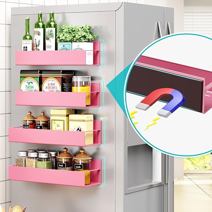 4 Pack Moveable Fridge Magnetic Spice Racks,Metal Pink