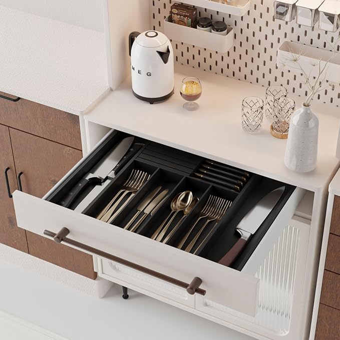 Utensil Organizer Silverware Tray for Drawer - Bamboo Knife Drawer Organizer Expandable Cutlery Organizer in Drawer Knife Block W12.8-20.2" x L16 x H2 (Black)