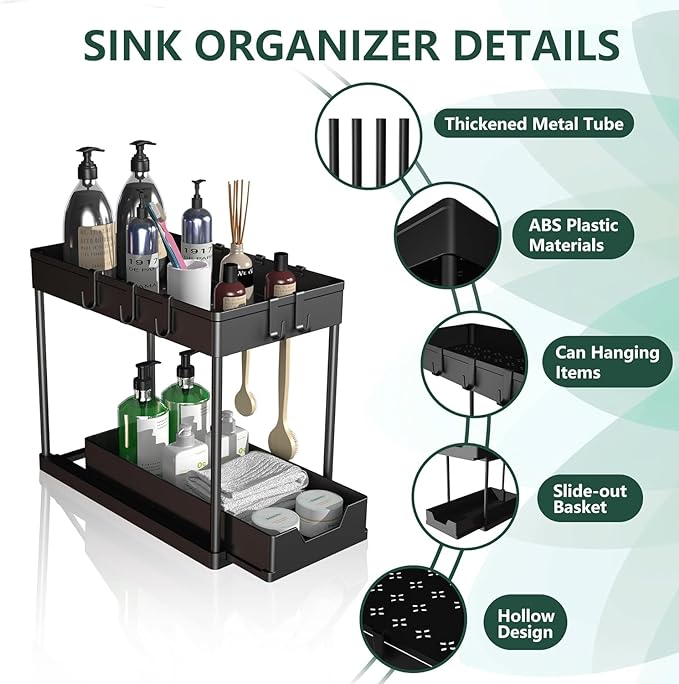 mosala Under Sink Organizers and Storage 2 Pack - 2 Tier Sliding Bathroom Cabinet Organizer with Hooks - Multi-Purpose Under The Sink Organizer Kitchen - Black