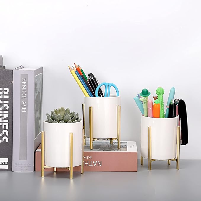 JUXYES Pack of 3 Ceramic Silverware Holder For Party Table, White Cutlery Holder Holder With Golden Metal Bracket, Small Flatware Caddy Organizer Utensil Holder Organizer for Kitchen Dining Tables