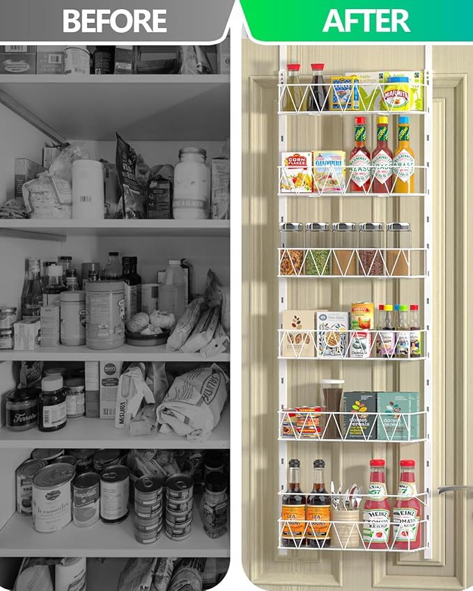 Over The Door Pantry Organizer, Pantry Organizers and Storage - 6-Tier Pantry Door Organizer, Over The Door Spice Rack for Kitchen, Bathroom, Bedroom Organization