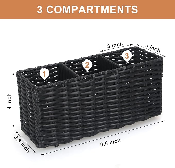 Ayiaren Wicker Silverware Cutlery Holder Black Flatware Utensil Caddy Best Silverware Organizer Storage for Countertop Party Kitchen Utensils Holder Flatware Silverware Caddies Spoon and Fork Holder