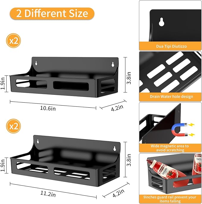 Magnetic Spice Rack for Refrigerator, 4 Pack Premium Plastic Spice Rack Organizer,Magnetic Fridge Shelf Seasoning Rack,Perfect Kitchen Organization and Storage (Black)