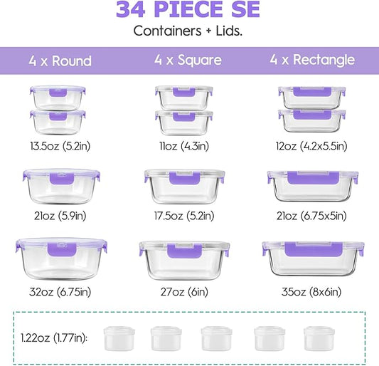 34pcs Glass Food Storage Containers with Lids Set, Airtight Glass Meal Prep Containers (17 Containers & 17 Lids), Leak Proof Lunch Containers BPA-Free, Microwave, Oven, Freezer, Dishwasher Safe-Purple