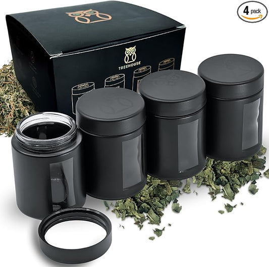 Stash Jar Smell Proof Container (4 oz) Viewing Jars for Herbs, Spices, Coffee, Teas & More, Air Tight Jar, Thick UV Protection Glass, Smell Proof Herb Storage (Set of 4) (Matte Black)