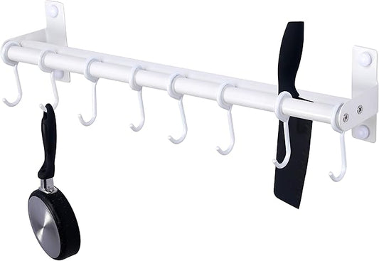 Dseap Pot Rack - Pots and Pans Hanging Rack Rail with 8 Hooks, Double Bars, Pot Hangers for Kitchen, Wall Mounted, White