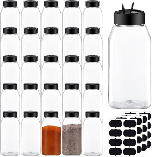 Ysglory 28 Pack 16 Oz Plastic Spice Jars Bottles Containers with Black Cap Empty Seasoning Bottles Large Clear Spice Shaker and Stickers for Storing Spice, Salt, Herbs