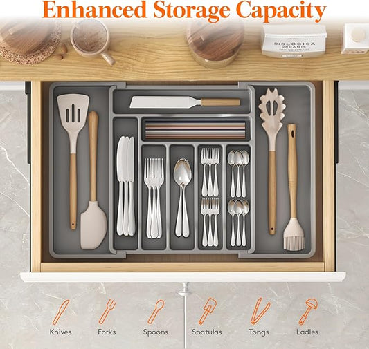 Lifewit Silverware Drawer Organizer, Expandable Utensil Organizer for Kitchen Drawers, Adjustable Cutlery and Flatware Tray, Plastic Spoons Forks Knives Holder Storage Dividers, Large, Gray