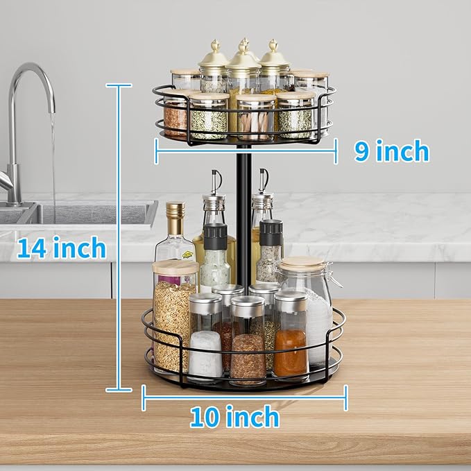 Lazy Susan Organizer, 2 Tier Lazy Susan Turntable for Cabinet, Spice Rack for Cabinet, Metal 360° Rotating Organizer for Kitchen, Cabinet, Countertop, Bathroom, Pantry, Black