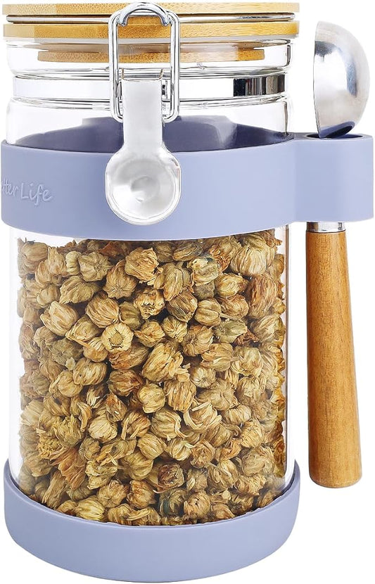 KKC HOME ACCENTS Airtight Clear Glass Food Storage Jar with Clamp Lid and Scoop,Glass Canister with Sealed Bamboo Lid for Loose Tea,Coffee Bean,Nut,Sugar,40 Fluid Ounce