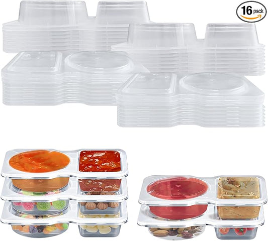 16 Pack Portable Double Compartment Condiment Container – 5.5x3.3 inches Clear, Leakproof Snack Box for Sauces, Dressings, and Snacks | Ideal for Portion Control and On-the-Go Food Storage