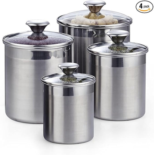 Cooks Standard Stainless Steel Food Jar Storage Canister Set Medium 4-Piece, 0.95qt/1.6qt/2.5qt/3.5qt Airtight Containers with Glass Lid for Tea Coffee Sugar Flour