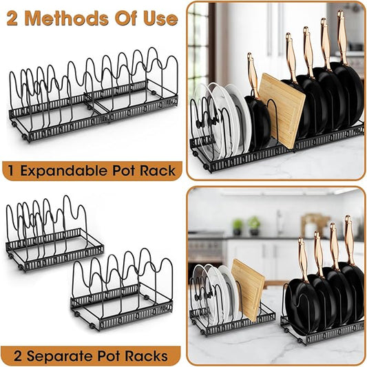 Pots and Pans Organizer, Expandable Rack with 11 Dividers for Bakeware and Lid Storage (Black)