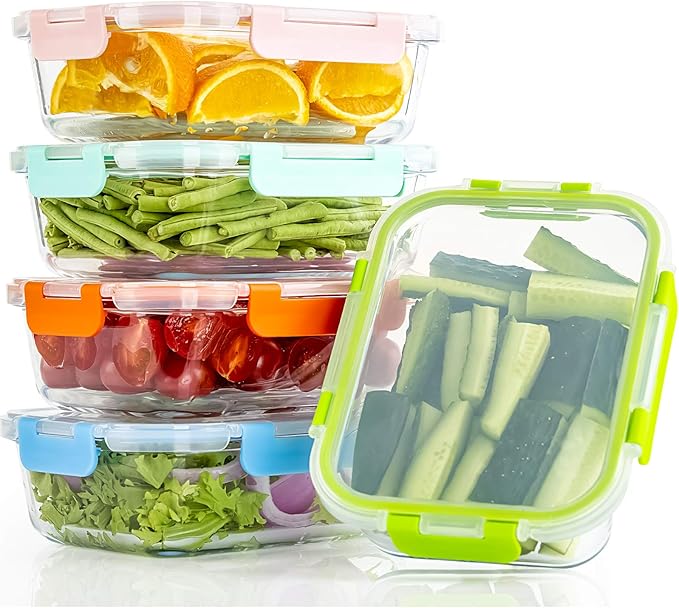 C CREST [5-Pack] Glass Lunch Box, Meal Prep Glass Containers with Lids, Glass Food Storage Containers, 34 OZ