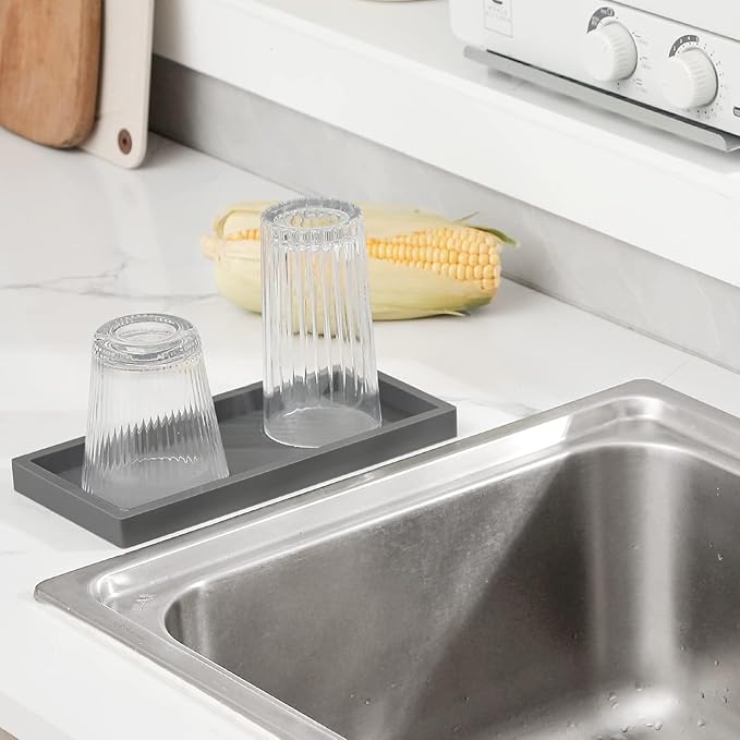 Bathroom Trays for Counter, Slicone Vanity Trays for Bathroom, Rectangle Sponge Holder for Kitchen Sink - Grey