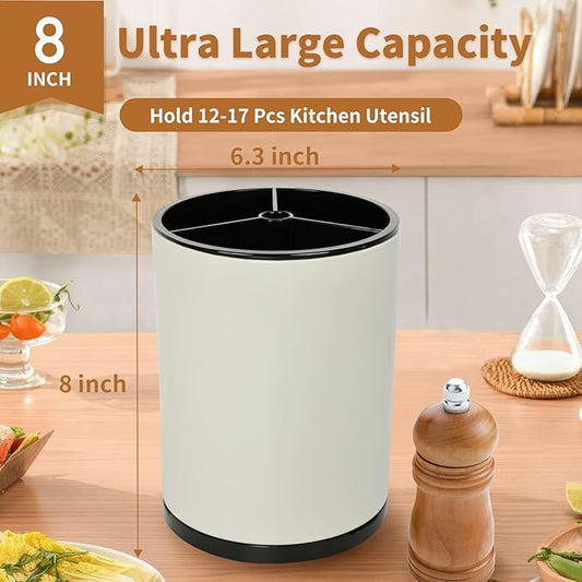 Extra Large Kitchen Utensil Holder - 360° Rotating Stainless Steel Cooking Utensil Holder for Countertop, 3 Compartment Flatware Organizer & Utensil Caddy with Removable Base（Cream）