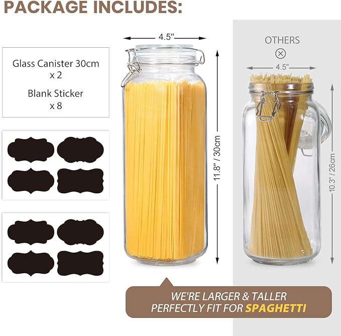 VITEVER [ Taller ] 92oz Glass Jars with Airtight Lid, Large Glass Food Storage Jars, 3 Pack Wide Mouth Airtight Glass Jars for Kitchen Pantry Spaghetti, Square Mason Jars with Labels