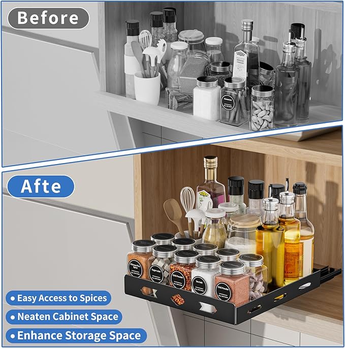 Pull Out Spice Rack Organizer for Cabinet, Heavy Duty-Slide Out Spice Rack, Vertical Spice Rack for Kitchen Cabinet and Pantry (10.5''Wx10.5''Dx2.8''H, Metal Black)