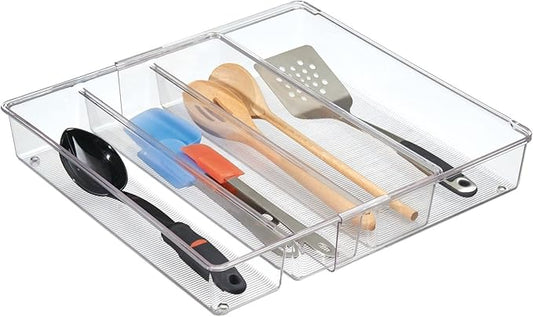 mDesign Plastic Adjustable/Expandable Divided Drawer Storage Organizer with 4 Compartments for Kitchen Pantry, Cupboard, Cabinet, Hold Silverware, Utensils, Cutlery - Ligne Collection - Clear