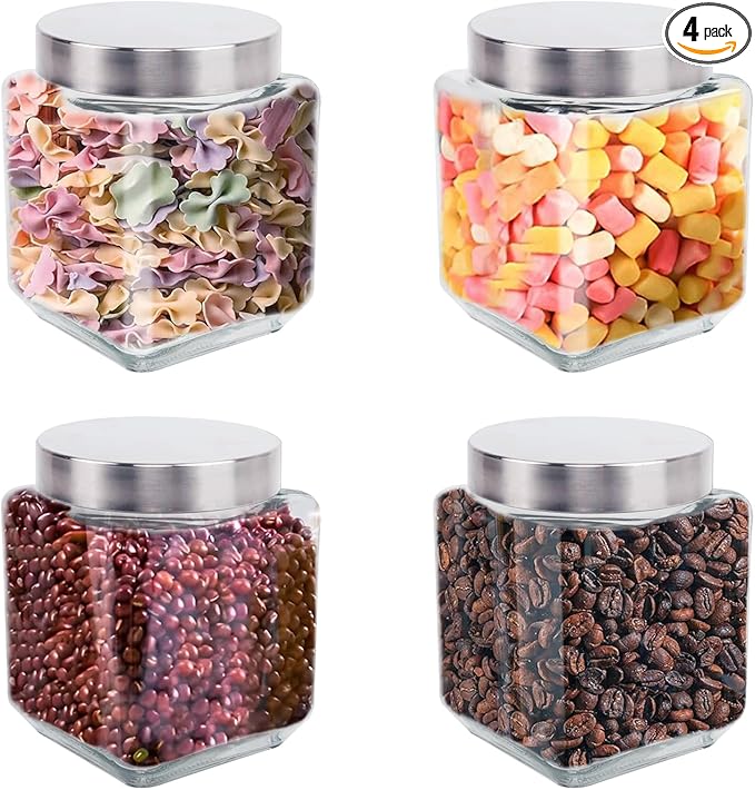Square Glass Jars,4 Pack Food Storage Containers Glass Jars with Metal Lids 37 Oz Glass Jars Airtight Glass Canisters Kitchen Storage Jars ,Glass Canisters for Coffee, Spices Storage Jars Airtight Squ