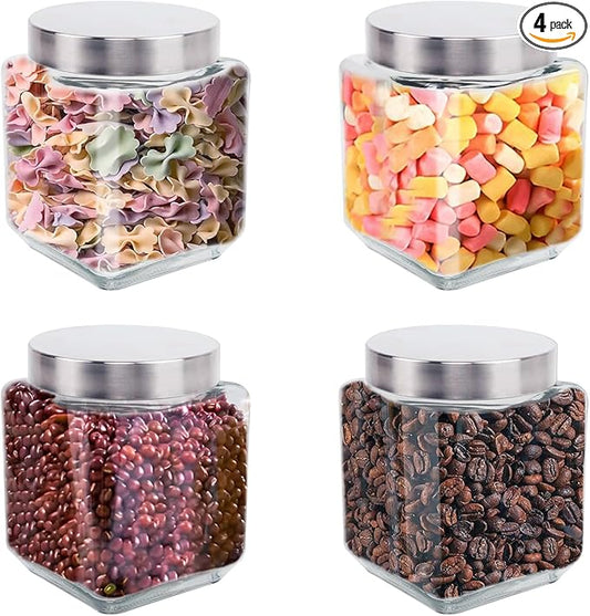 Square Glass Jars,4 Pack Food Storage Containers Glass Jars with Metal Lids 37 Oz Glass Jars Airtight Glass Canisters Kitchen Storage Jars ,Glass Canisters for Coffee, Spices Storage Jars Airtight Squ