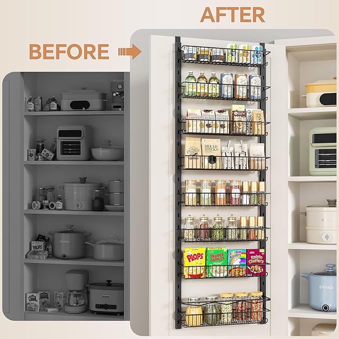 Over the Door Pantry Organizer, 8-Tier Adjustable Spice Rack Cabinet Door Shelves, Hanging Seasoning Organizer for Kitchen Bathroom, Laundry Room Organization, Black