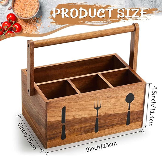 Geetery Acacia Utensil Caddy Silverware Caddy with Handle Wooden Multipurpose Countertop Flatware Napkin Utensil Organizer for Party Picnic Kitchen Trip, 9.1 x 5.9 x 4.5 in(Wood Color)