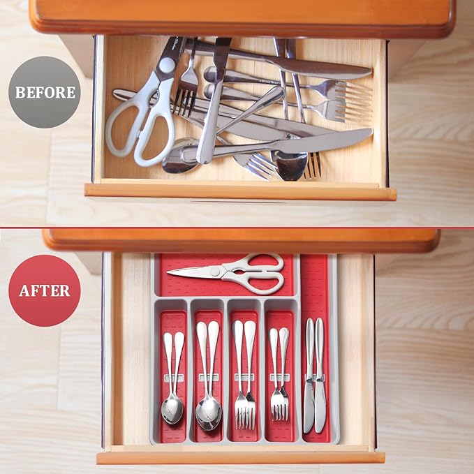 Silverware Organizer with Cutlery Icons，Silverware Tray for Kitchen Drawer，Plastic Flatware Tableware Cultery Drawer Organizer Utensil Organizer with Non-slip TPR Linings，6-Compartment