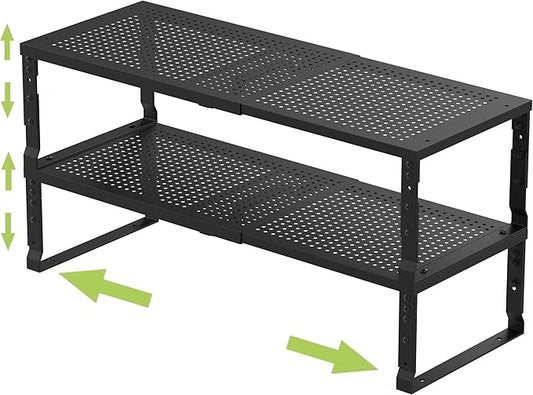 Expandable Adjustable Stackable Kitchen Organizer, Spice Rack,Metal Pantry Storage Shelves Racks,Counter Shelf for Cabinets, Countertop, Cupboard(2 Packs/Large/Black)