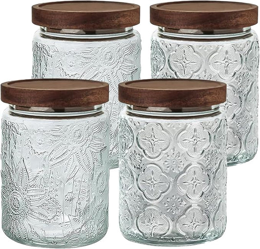 24 OZ Airtight Glass Storage Jar with Bamboo Lid - Vintage Glass Jar Vintage Food Containers Canisters Set for Kitchen Counter & Pantry - Ideal for Sugar, Flour, Coffee, Tea, Candy, Oats -4 Pack