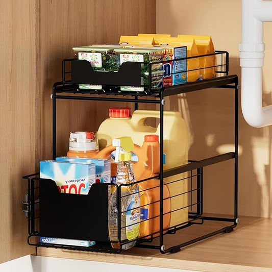 Under Sink Organizer Pull-out Kitchen Bathroom Organizer Spice Rack with Sliding Drawer, 2 Tier Storage Rack for Food Storage Room Makeup