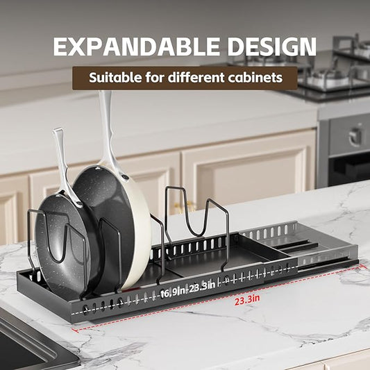 2 Pack Pots and Pans Organizer Under Cabinet, Expandable Pull Out Cabinet Organizer with 10 Adjustable Dividers, Slide Out Pot and Pan Holder for Kitchen Drawers