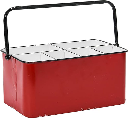 Creative Co-Op Farmhouse Metal Storage Caddy with 6 Compartments and Handle, Distressed Red and White