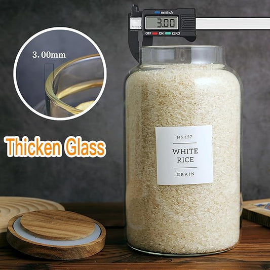 Set of 2 Large Glass Jar with Airtight Acacia Lid and 132 Kitchen Pantry Labels, Clear Glass Food Storage Jars Containers for Rice Flour Pasta Sugar Coffee Cookie and More(98 Fl Oz/2800 Ml)
