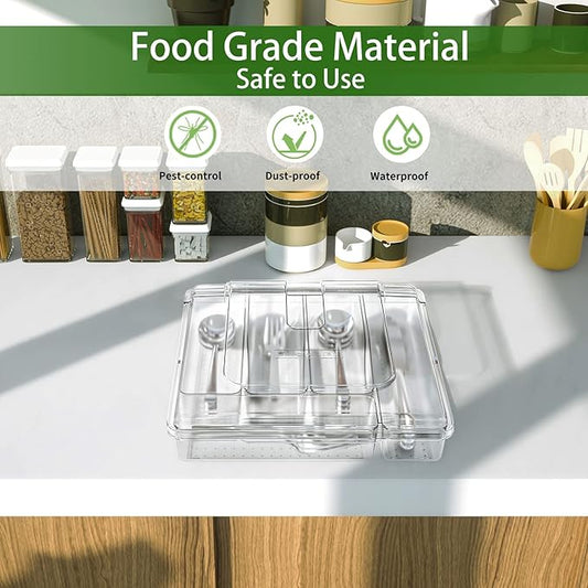 Utensil Holder for Countertop with Lid, Plastic Silverware Tray for Drawer, 5 Compartments Flatware Organizer,Transparent