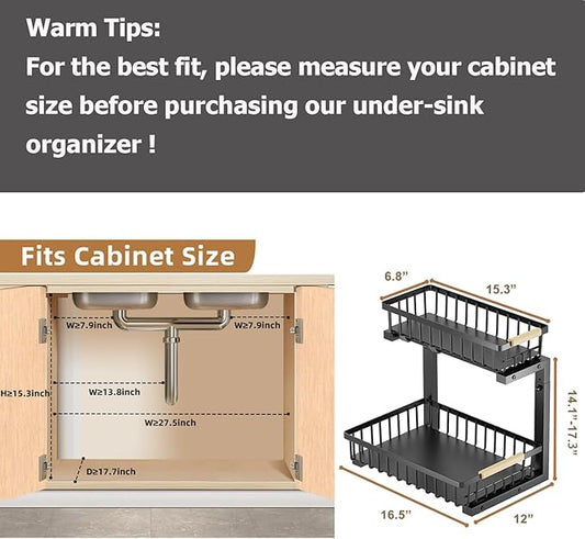 2 Pack Under Sink Organizer, Metal Slide Out Under Sink Organizers and Storage Shelves, Height Adjustable Pull Out Under Cabinet Organizer, Under Sink Storage for Kitchen, Bathroom (Black)