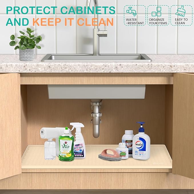 Waterproof Under Sink Mat 34" x 19", Silicone Cabinet Liner, Rubber Protector for Kitchen and Bathroom, Keeps Cabinets Clean, Dry, and Organized (Beige)