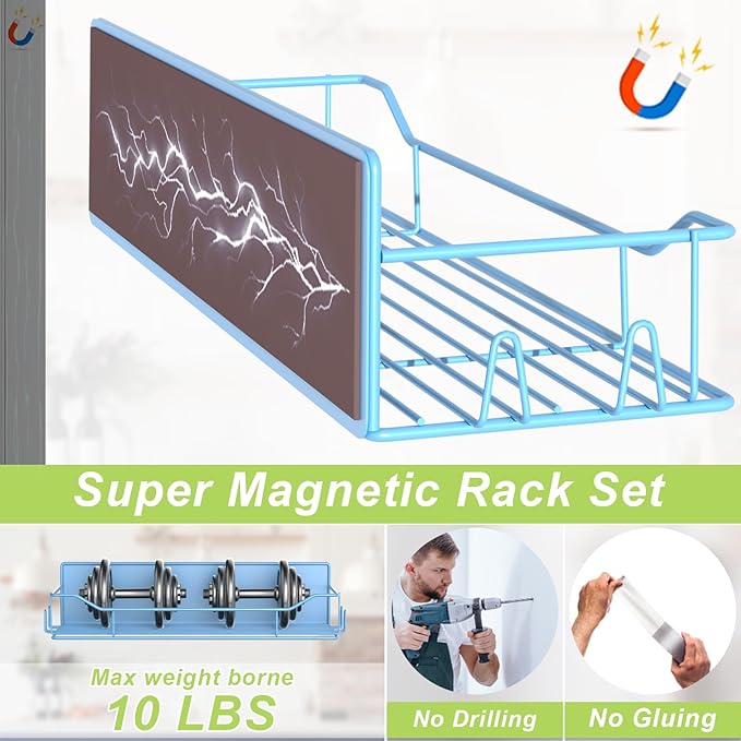 Magnetic Spice Rack for Refrigerator, 2 Pack Strong Magnet Spice Organizer Shelves with Hooks, Magnetic Fridge Shelf for Kitchen Organization and Storage, Seasoning Organizer Gadgets (Blue)