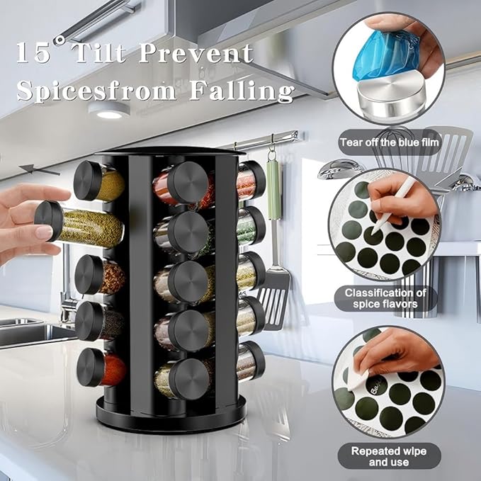 Rotating Spice Rack Organizer for Cabinet, Spice Racks Storage with 20 Jars, Spinning Spice rack for Kitchen Countertop, Spice Holder,Seasoing Storage Racks,Black