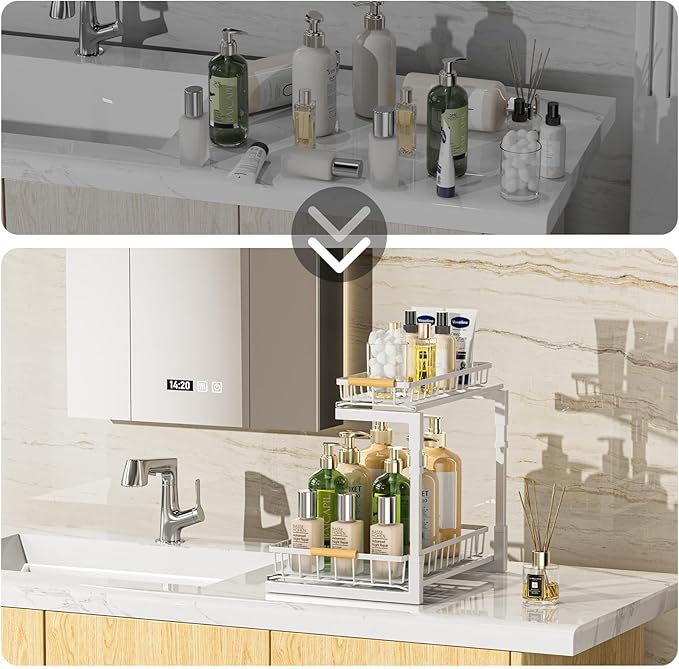 Delamu Metal Under Sink Organizer, Pull Out Cabinet Organizer, Slide Out Under Sink Storage Shelf, Undersink Organizers Shelves for Kitchen Bathroom Pantry