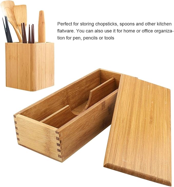 Cyrank Wooden Cutlery Box with Lid, Small Drawer Organizer Kitchen, Cutlery Organizer in Drawer for Spoon Utensil Chopsticks Box for Kitchen Countertop, 10.6x4.3x2.5inch