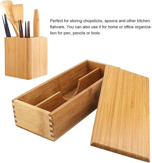 Cyrank Wooden Cutlery Box with Lid, Small Drawer Organizer Kitchen, Cutlery Organizer in Drawer for Spoon Utensil Chopsticks Box for Kitchen Countertop, 10.6x4.3x2.5inch