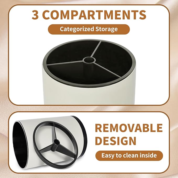 Extra Large Kitchen Utensil Holder - 360° Rotating Stainless Steel Cooking Utensil Holder for Countertop, 3 Compartment Flatware Organizer & Utensil Caddy with Removable Base（Cream）