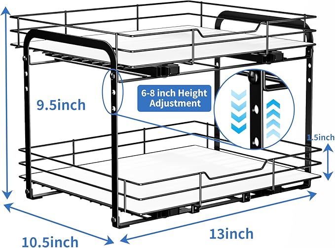 2-Tier Pull Out Spice Rack Organizer for Cabinet, Spice Rack Organizer, Height Adjustable Heavy Duty Metal Basket for Inside Cabinets & Pantry (13.5''Wx10.5''Dx9.5''H)