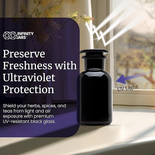 Infinity Jars Round jar Black Ultraviolet Glass Refillable Empty Apothecary Jar 250 ml(8.4 Fl oz) with Airtight Glass Lid for Tea, Spices, Dried Goods, Herb Storage | Smell Proof Jar